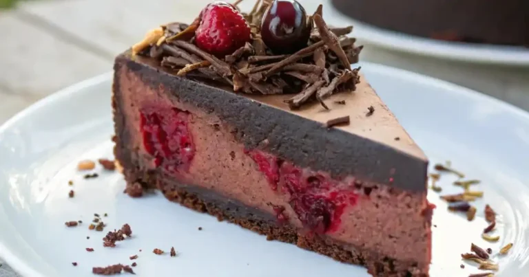 Delicious Black Forest Cheesecake garnished with cherries and chocolate
