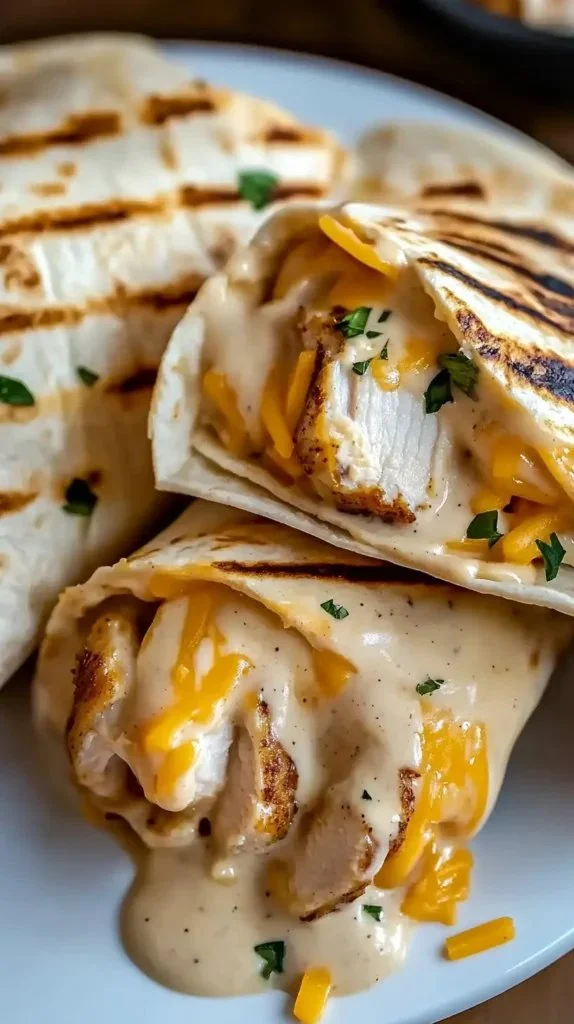 Delicious cheesy garlic chicken wraps ready to serve on a plate.