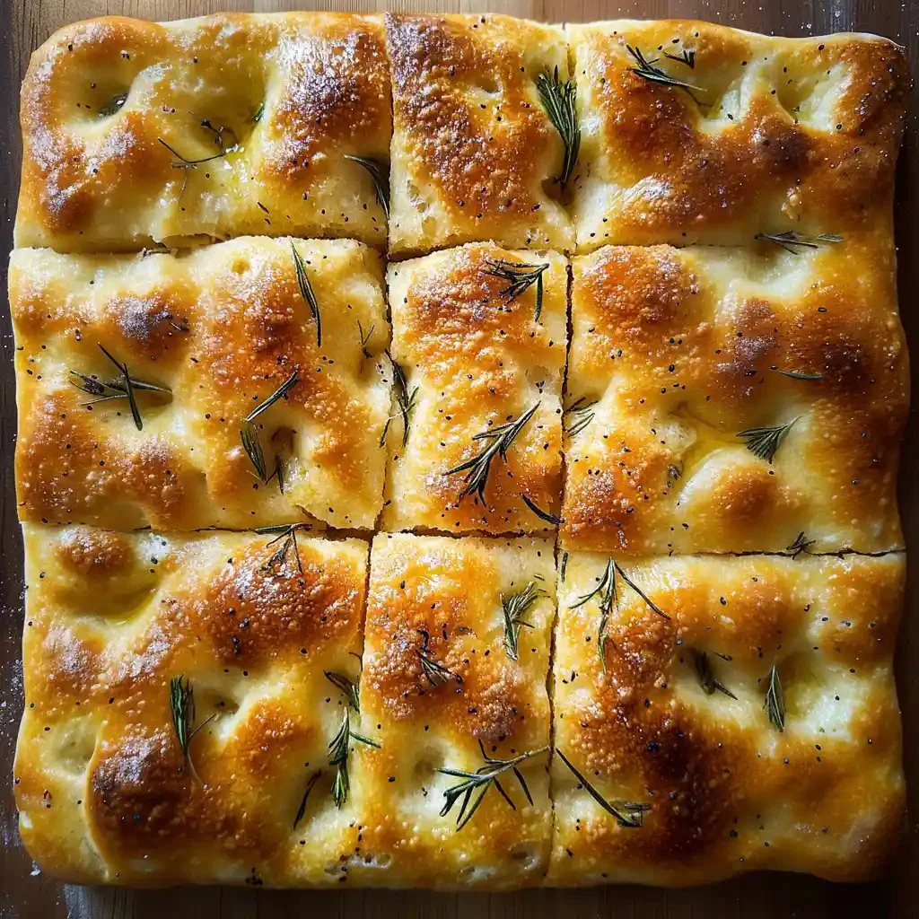 Freshly baked easy focaccia bread with herbs and olive oil