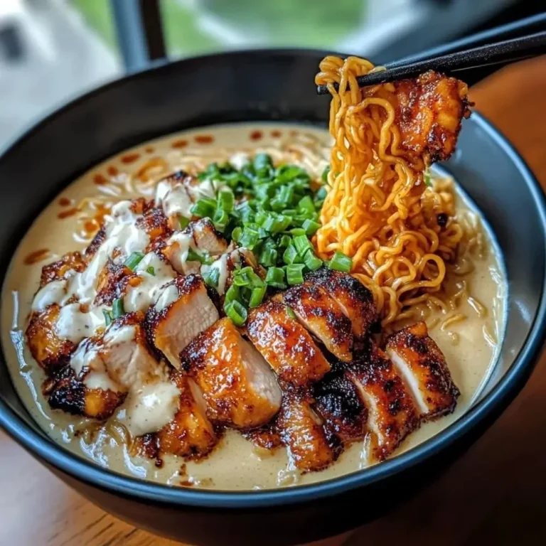 Bowl of fiery chicken ramen topped with creamy garlic sauce and fresh herbs