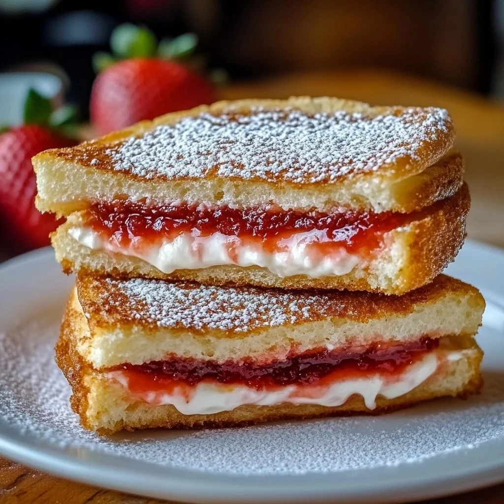Fried strawberry cheesecake sandwiches with fresh strawberries and crispy coating.