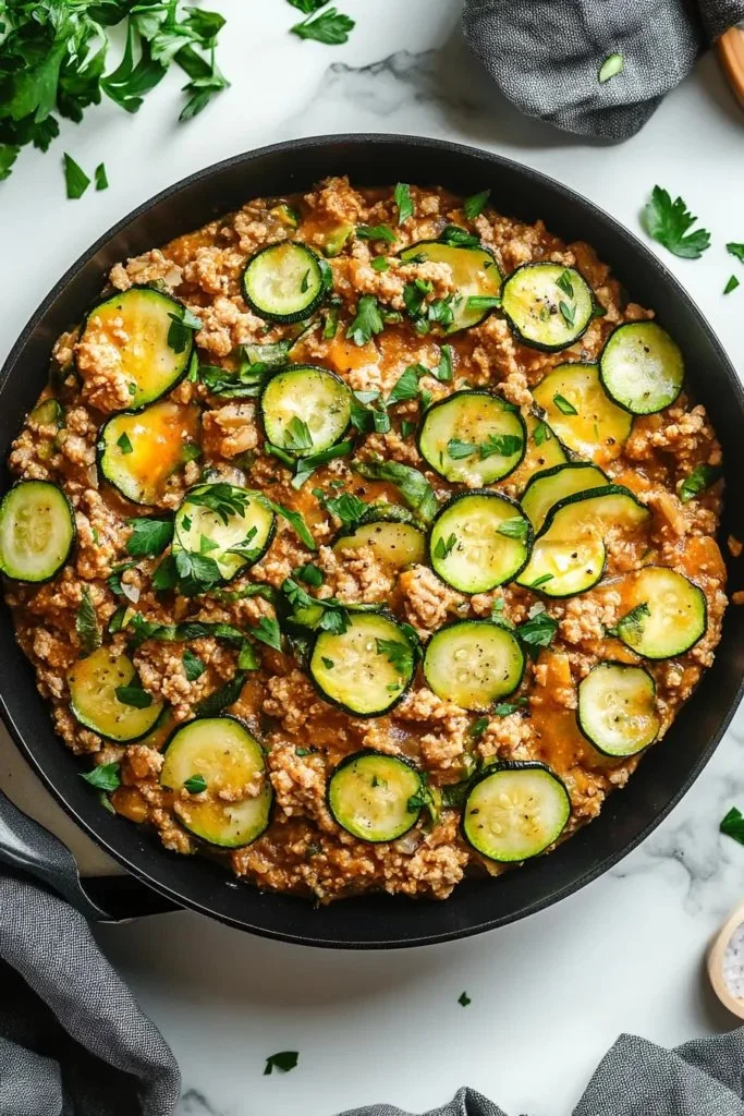 Healthy ground turkey and zucchini skillet dish served in a pan