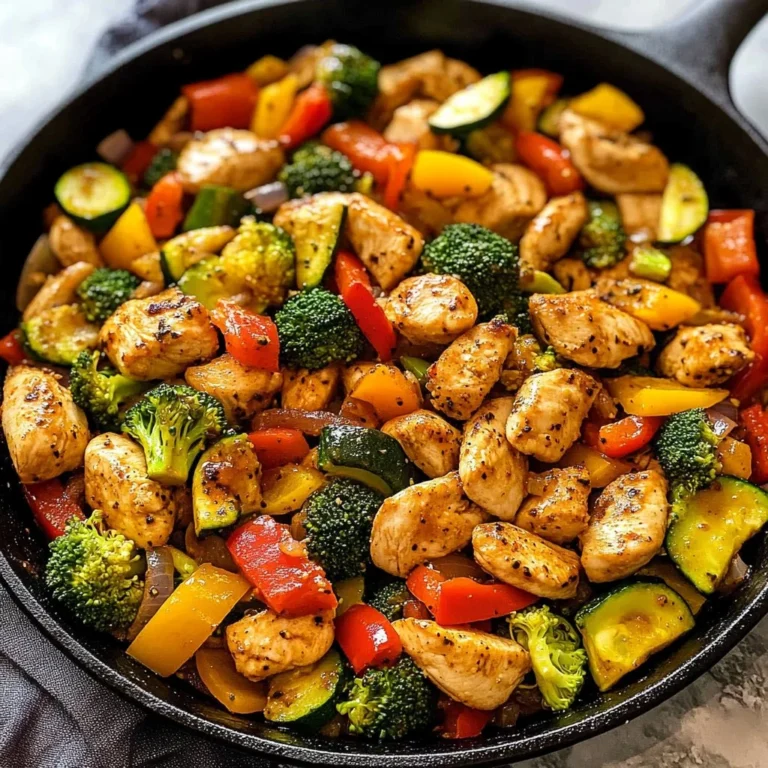 Healthy chicken and vegetables skillet dish, colorful and nutritious meal.