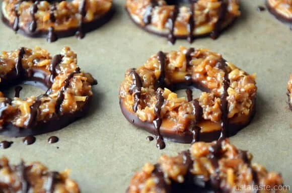 Homemade Samoas cookies with chocolate, coconut, and caramel topping.