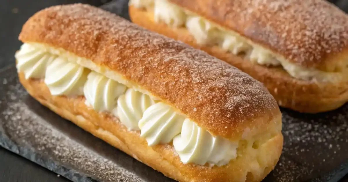 Homemade long cream donut with creamy filling and a dusting of sugar.