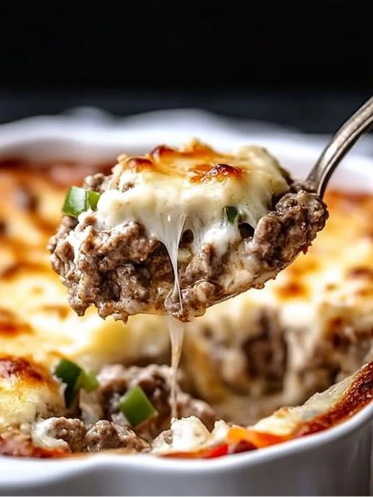 Low Carb Philly Cheesesteak Casserole dish served with toppings