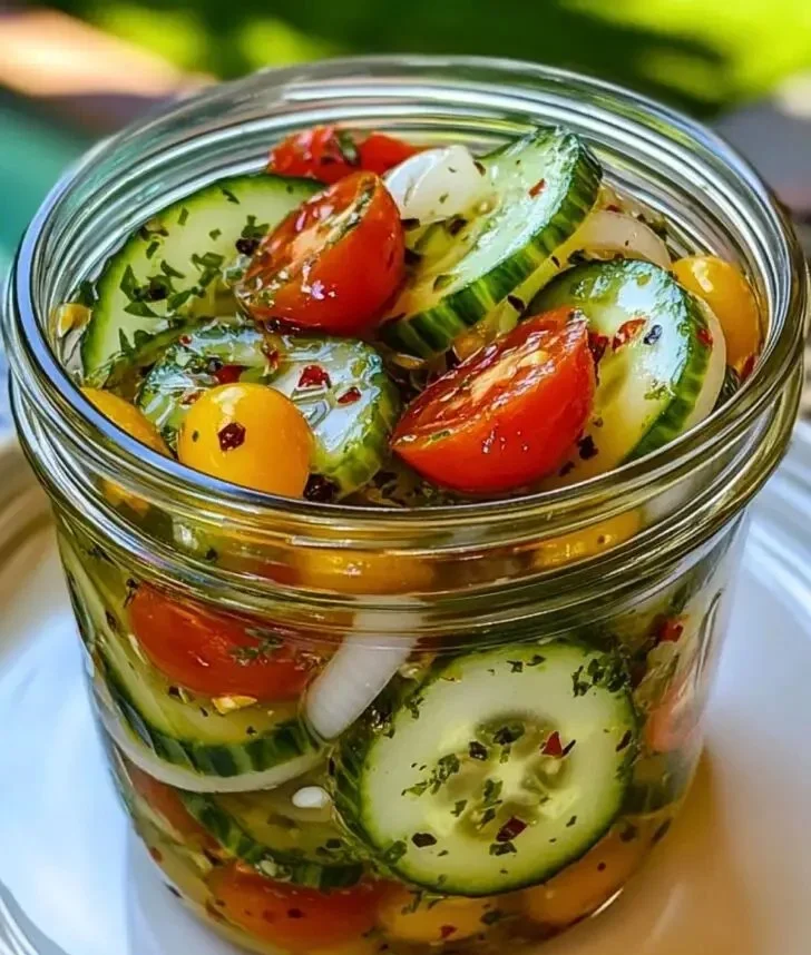 Delicious marinated cucumbers, onions, and tomatoes in a bowl.