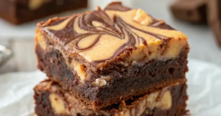 Decadent Milky Way caramel cheesecake brownies topped with rich caramel sauce.