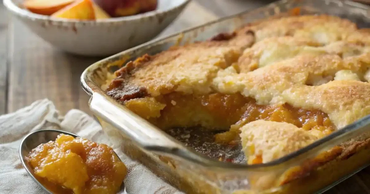 Delicious Peach Dump Cake ready to serve, featuring a golden topping and juicy peaches.