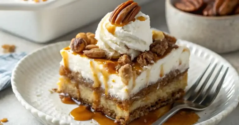 Delicious Pecan Pie Lasagna layered with creamy filling and pecans