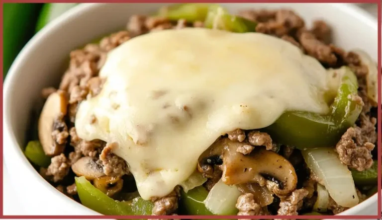 Philly cheesesteak bowls with peppers and onions in a stylish bowl