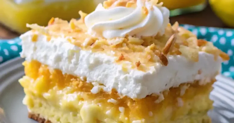 Delicious Pineapple Coconut Dream Cake topped with coconut flakes and pineapple slices.