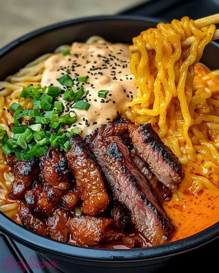 Spicy Korean ramen topped with grilled beef and creamy sauce in a bowl