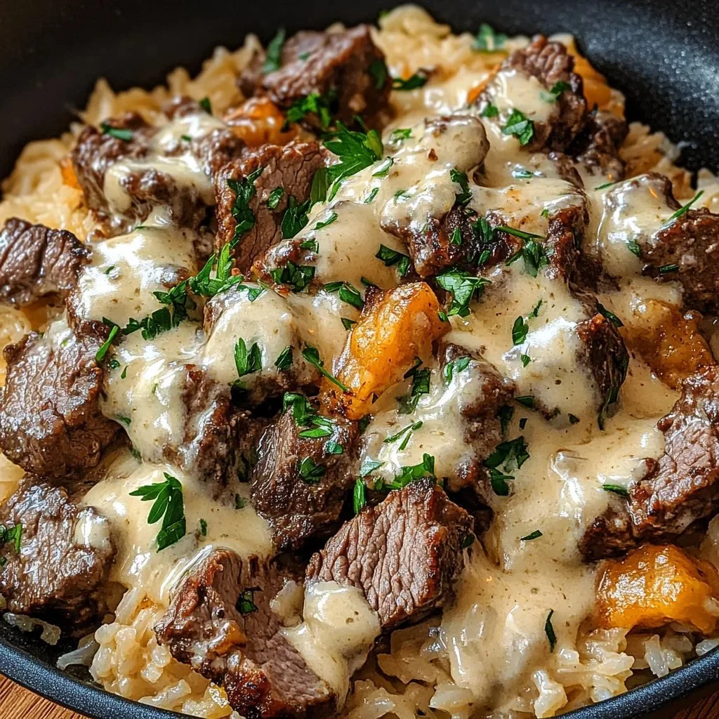 Steak and cheese rice dish with savory flavors and fresh ingredients