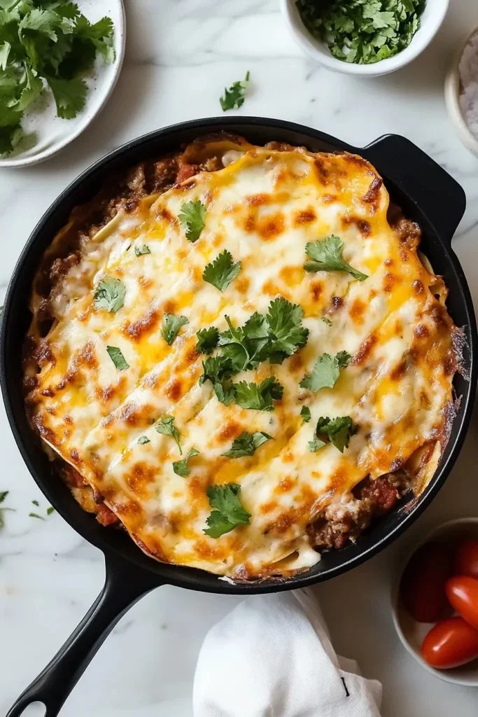 Delicious taco lasagna layered with seasoned beef, cheese, and tortillas