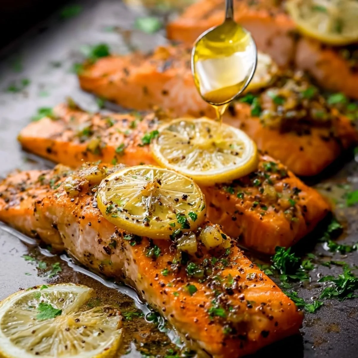 Plate of delicious honey baked salmon garnished with herbs