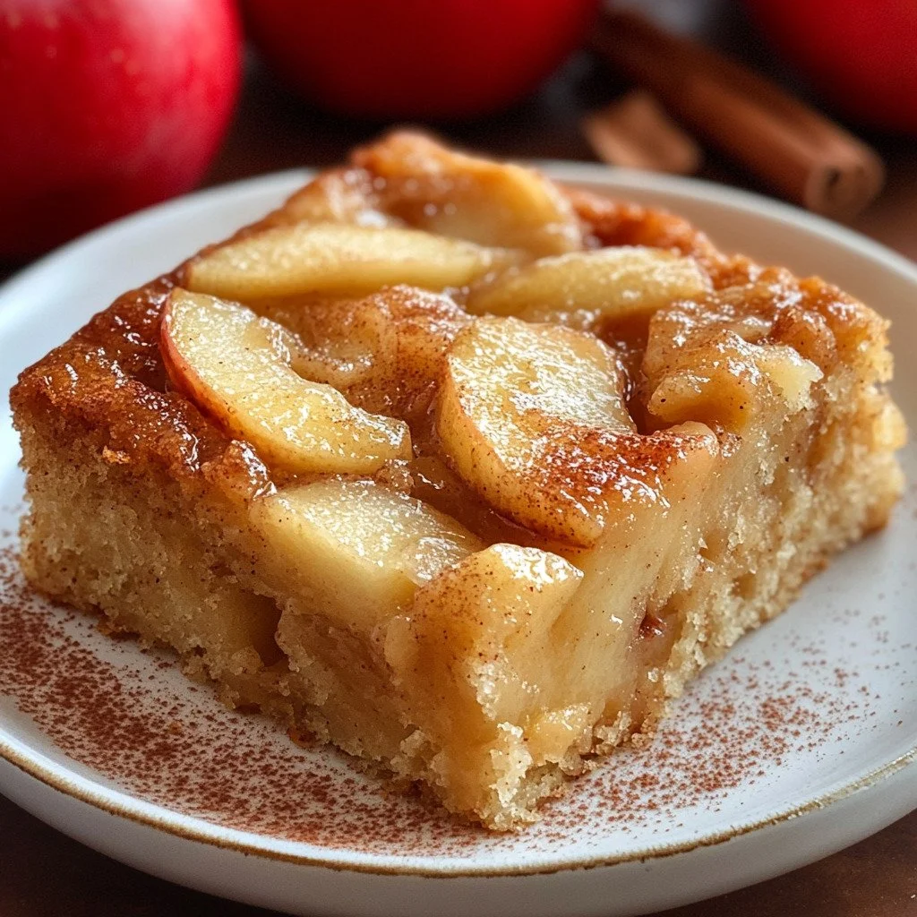 Slice of easy apple cinnamon sheet cake with a sprinkle of cinnamon