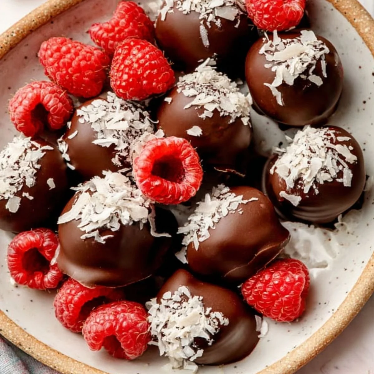 Delicious chocolate covered raspberries on a plate