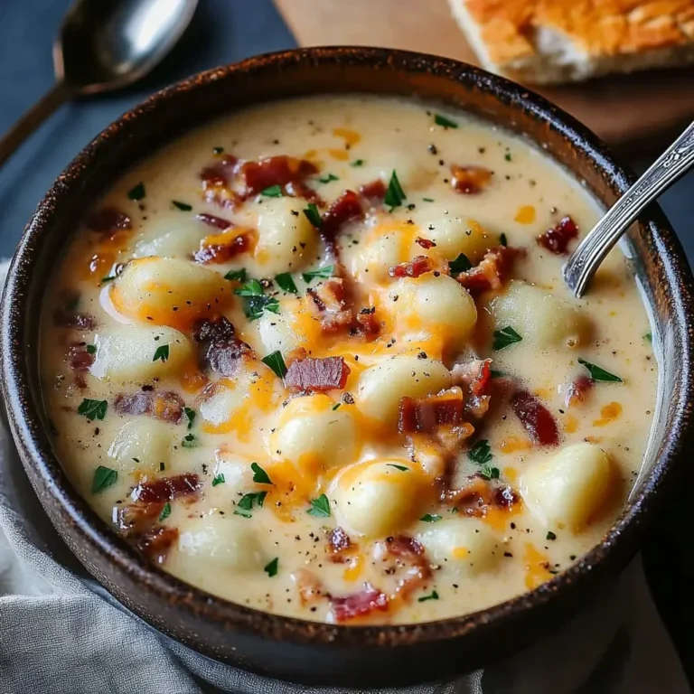 Bacon Cheddar Gnocchi Soup in a rustic bowl garnished with fresh herbs