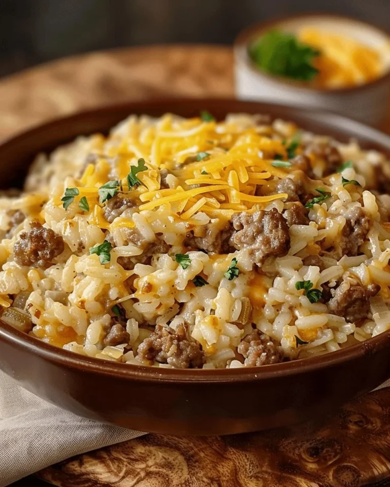Cheesy hamburger rice casserole topped with melted cheese and fresh herbs