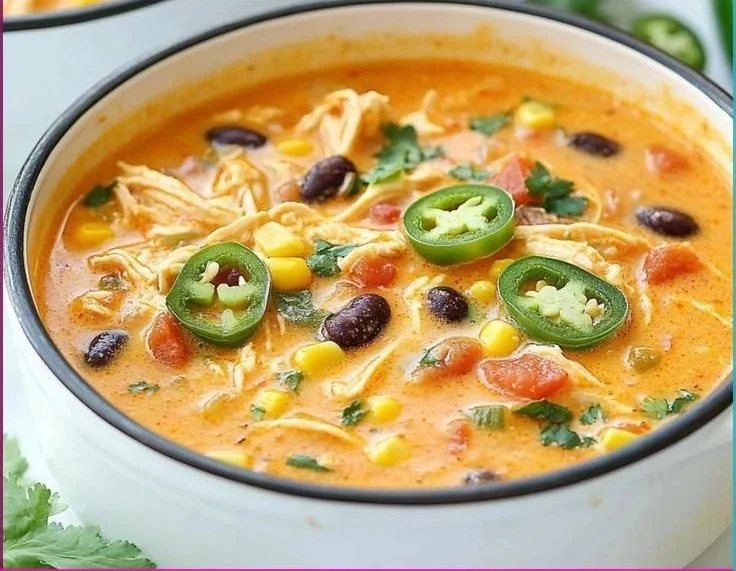 Bowl of hearty Chicken Enchilada Soup topped with cheese and cilantro