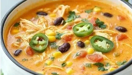 Delicious Chicken Enchilada Soup garnished with cheese and cilantro
