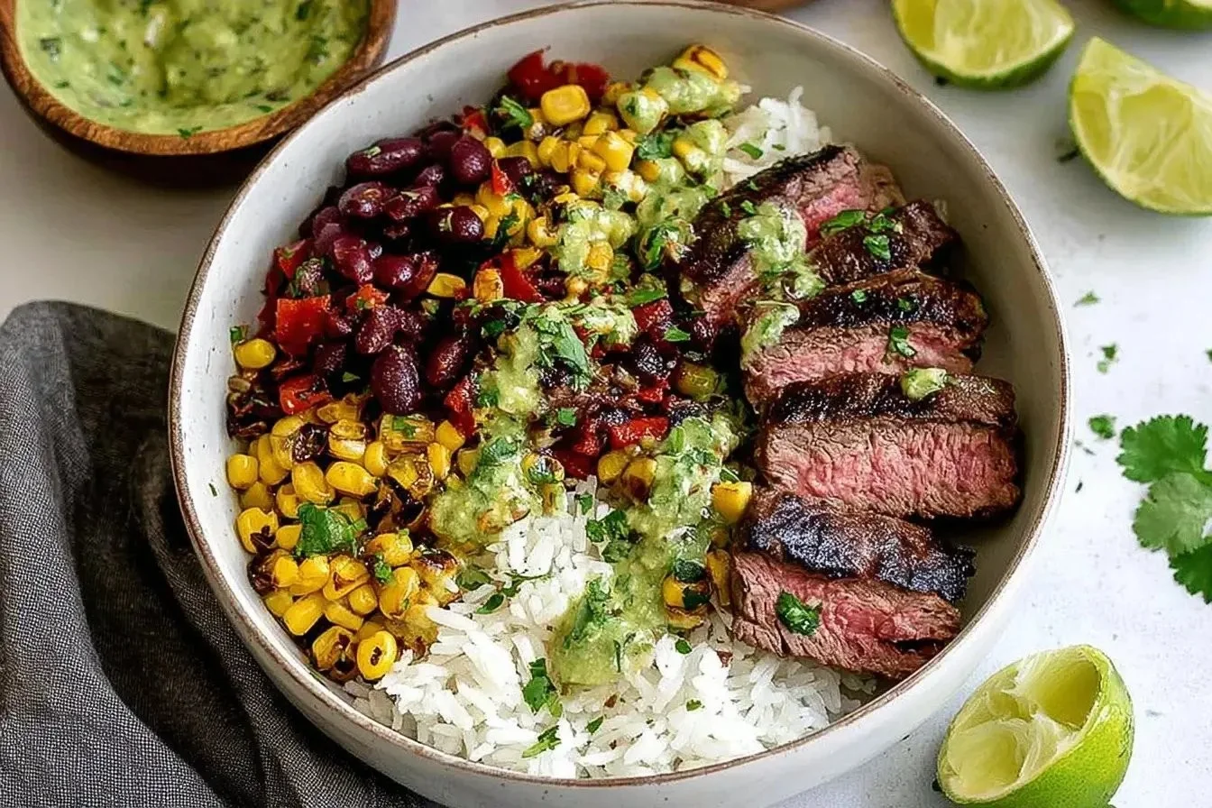Cilantro lime steak bowls with fresh ingredients and vibrant colors