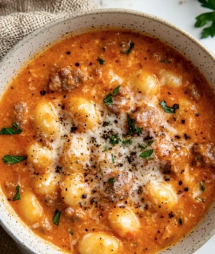 Creamy Italian sausage gnocchi soup served in a bowl with herbs
