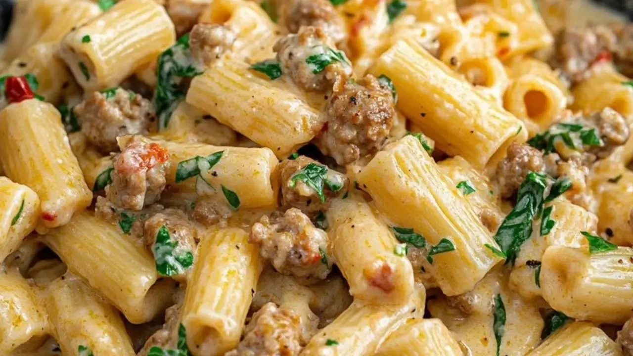 Creamy Italian sausage rigatoni served in a bowl with herbs