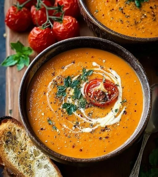 Creamy roasted garlic tomato soup in a bowl garnished with fresh herbs.