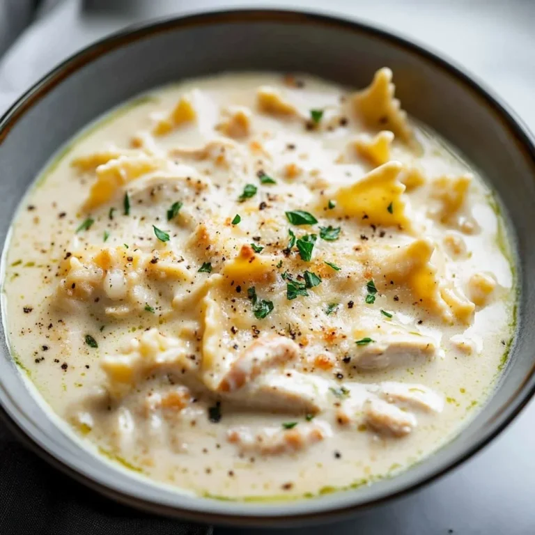 Bowl of delicious white chicken lasagna soup topped with herbs