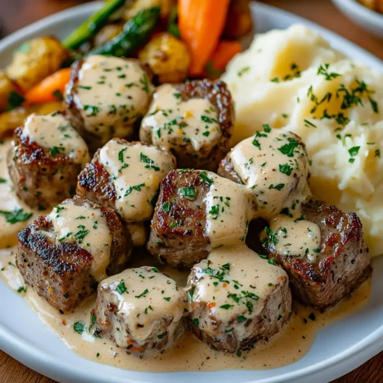 Garlic Butter Steak Bites topped with rich parmesan cream sauce