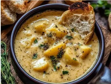 Hearty cheddar garlic herb potato soup in a bowl garnished with herbs