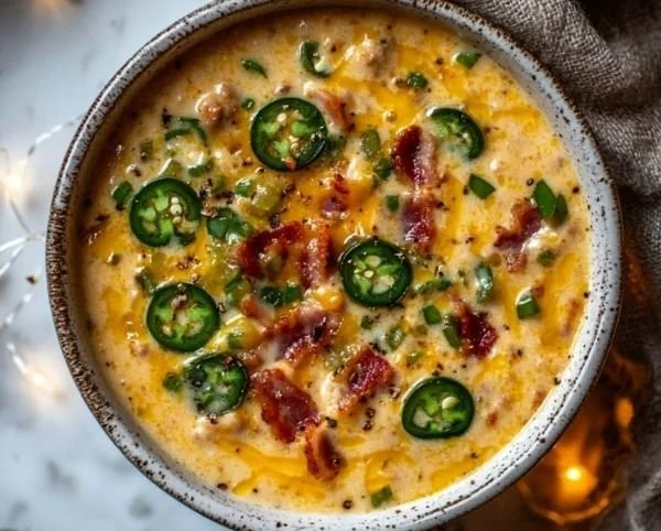 Delicious bowl of Jalapeño Popper Soup topped with cheese and jalapeños