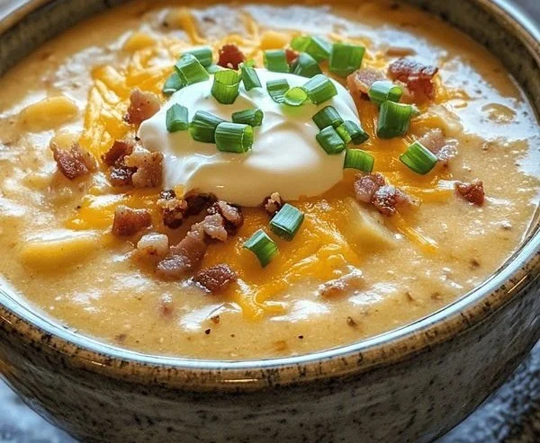 A bowl of creamy loaded baked potato soup topped with cheese and chives