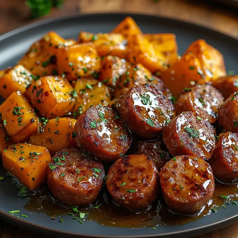 Sausage and sweet potatoes drizzled with honey garlic sauce on a plate