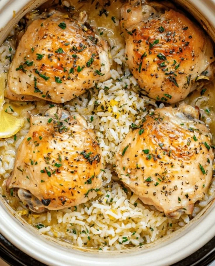 Slow cooker lemon herb chicken served with rice on a plate