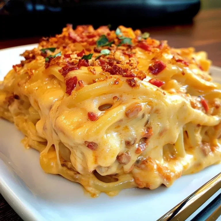 Delicious spicy Southern cheesy chicken spaghetti casserole served in a baking dish