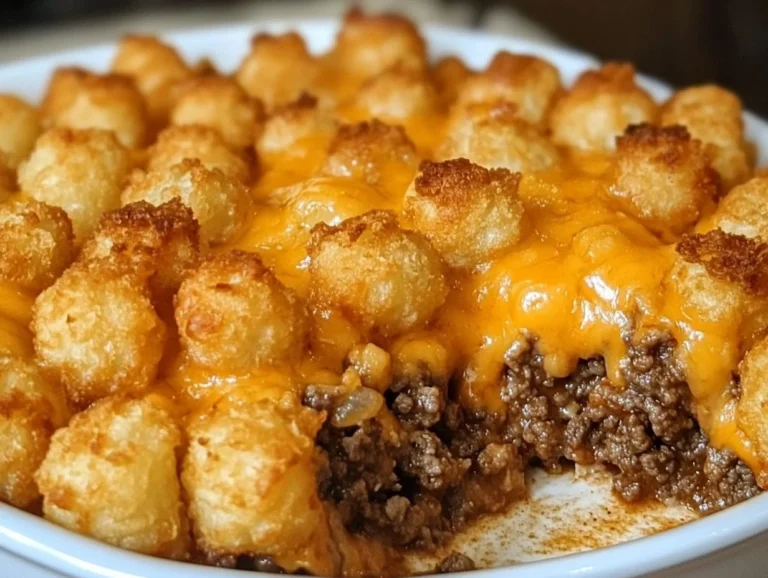 Delicious tater tot casserole with ground beef, cheese, and vegetables baked to perfection.