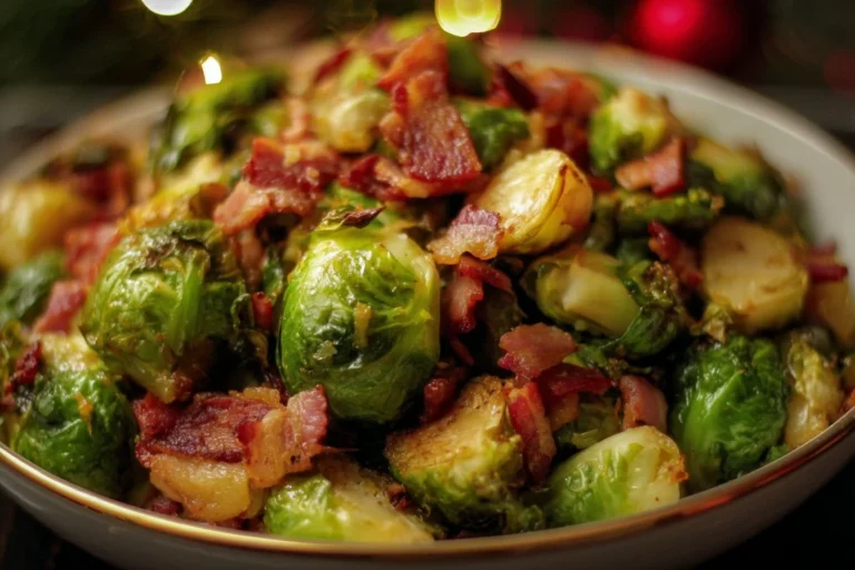 Crispy Bacon Brussels Sprouts served in a bowl, garnished and ready to enjoy.