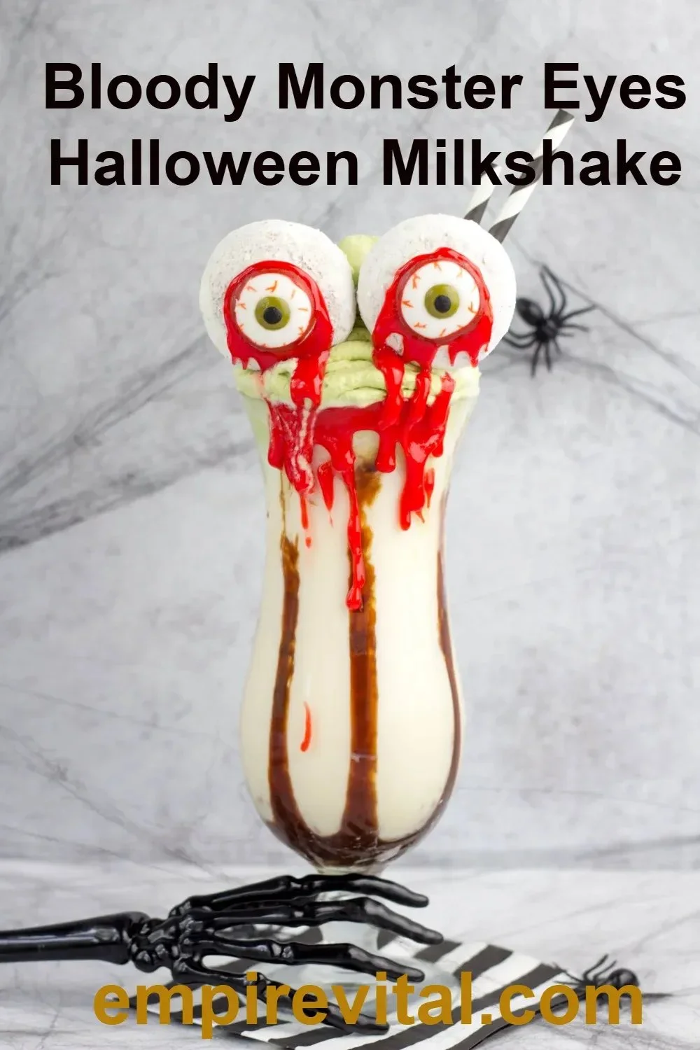 Bloody Monster Eyes Halloween Milkshake topped with creepy eyeball garnishes