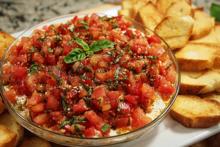Colorful Bruschetta Dip garnished with fresh herbs and served with crusty bread.