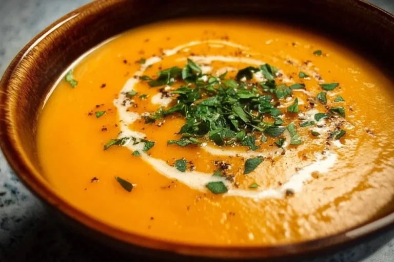 Creamy butternut squash and sweet potato soup served in a bowl with garnish