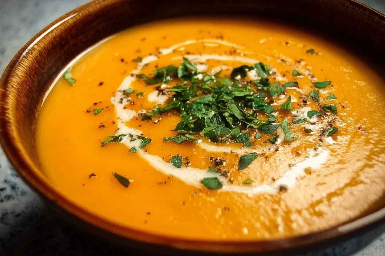 Creamy butternut squash and sweet potato soup served in a bowl with garnish