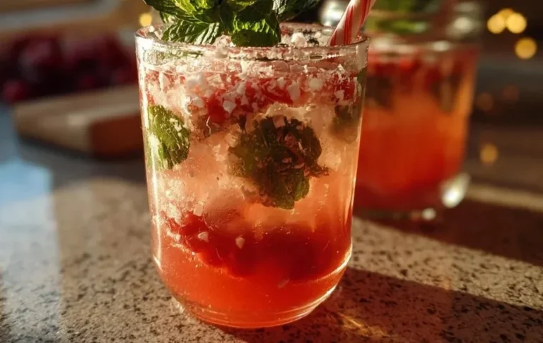 Festive Candy Cane Christmas Punch served in a holiday-themed glass