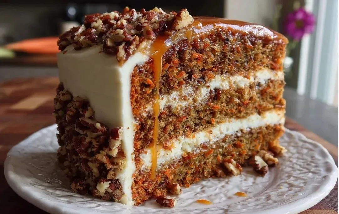 Delicious Caramel Pecan Cake with layers of caramel and pecans