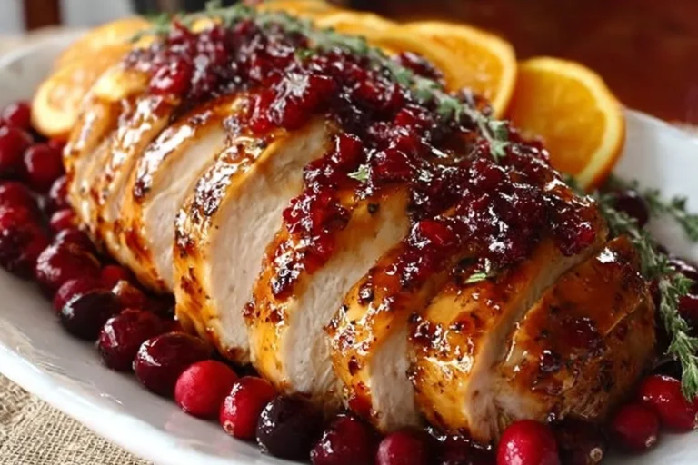 Cranberry Orange Glazed Turkey Breast served with festive sides