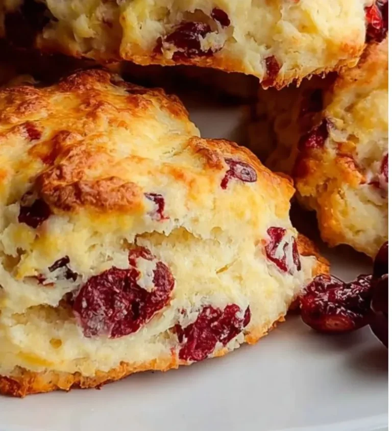 Cranberry orange sour cream scones on a plate with fresh cranberries and orange zest.