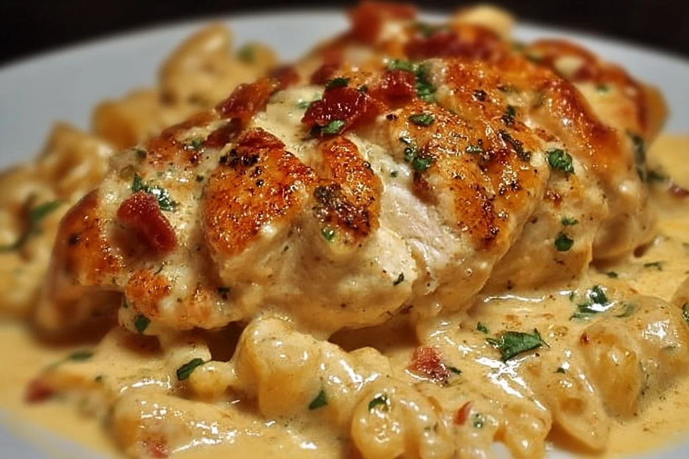 Creamy Baked Asiago Chicken with a rich sauce and herbs