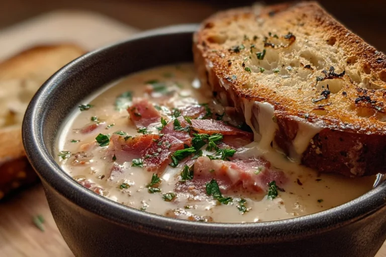 Bowl of creamy Reuben soup topped with fresh herbs and rye bread croutons.